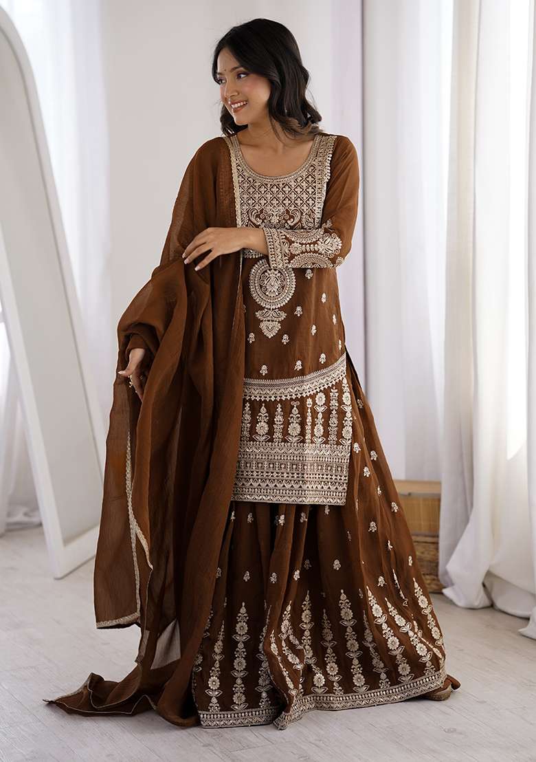 Brown Embroidered Silk Blend Sharara Set - Indya