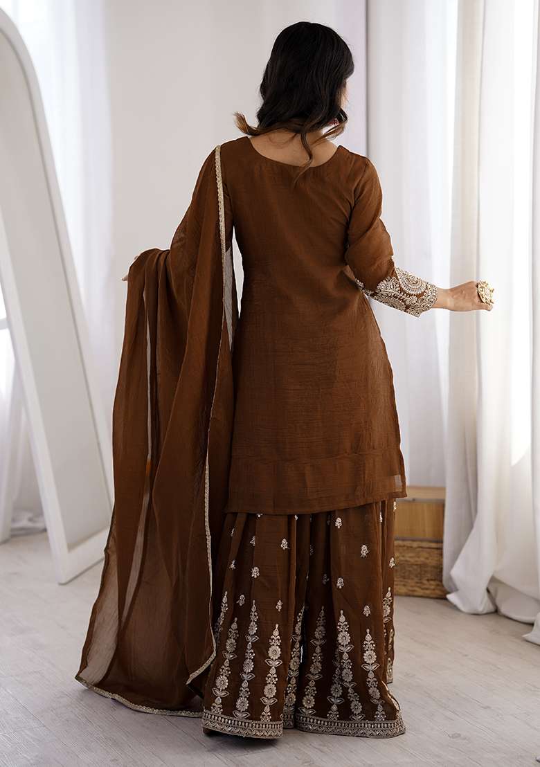 Brown Embroidered Silk Blend Sharara Set - Indya