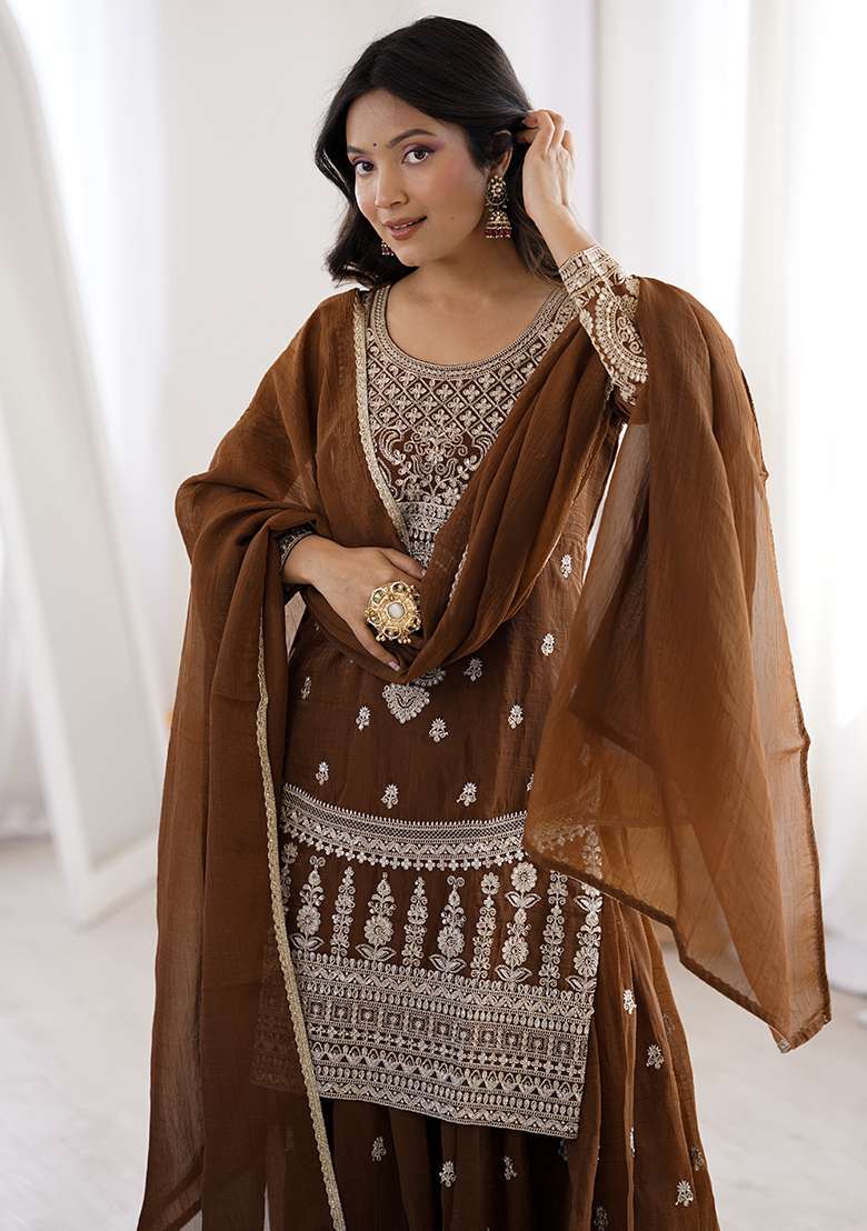 Brown Embroidered Silk Blend Sharara Set - Indya