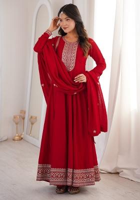 Dark Red Embroidered Silk Anarkali Set