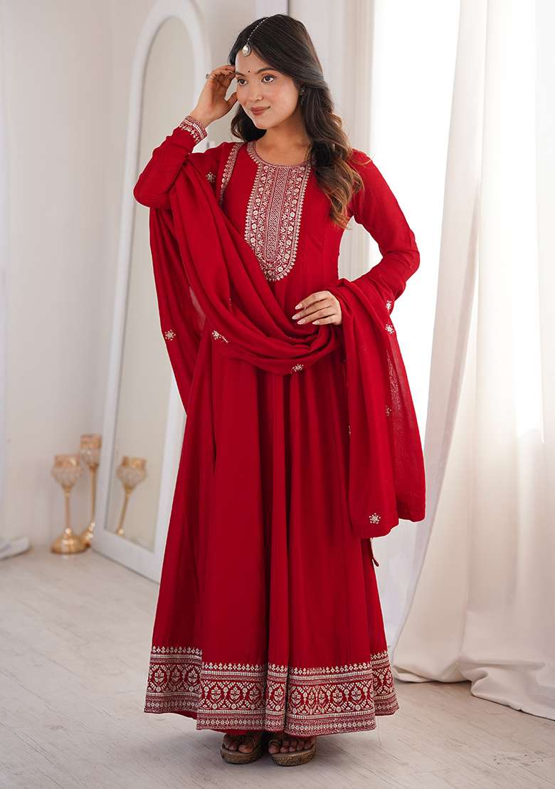 Dark Red Embroidered Silk Blend Anarkali Set - Indya