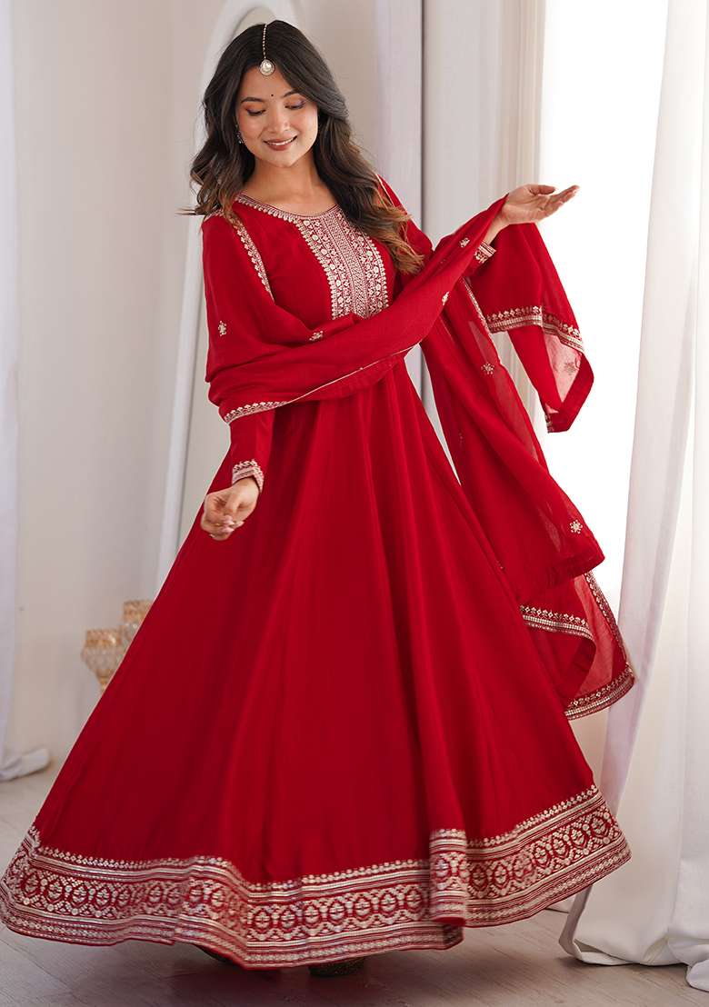 Dark Red Embroidered Silk Blend Anarkali Set - Indya