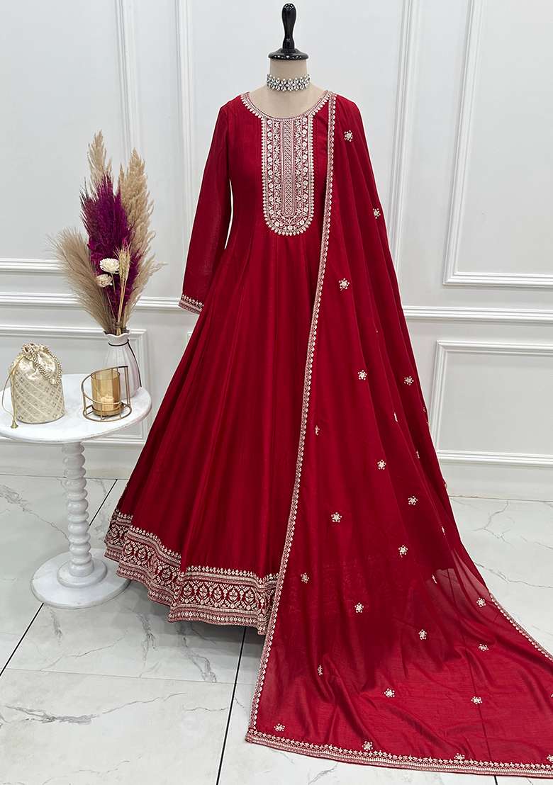 Dark Red Embroidered Silk Blend Anarkali Set - Indya
