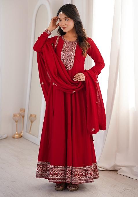 Dark Red Embroidery Silk Salwar Kameez
