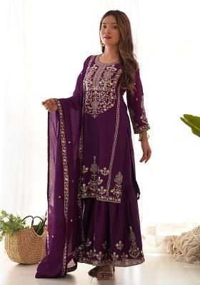 Wine Embroidered Silk Blend Sharara Set