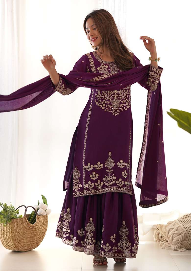 Wine Embroidered Silk Blend Sharara Set - Indya