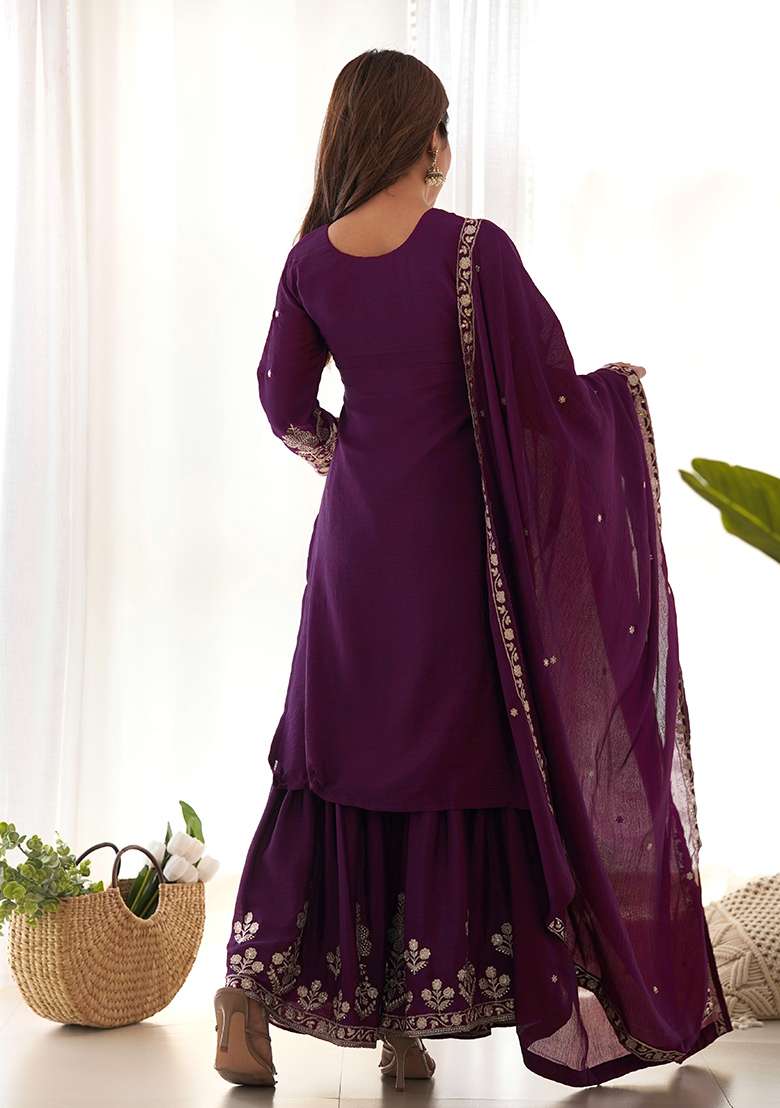 Wine Embroidered Silk Blend Sharara Set - Indya