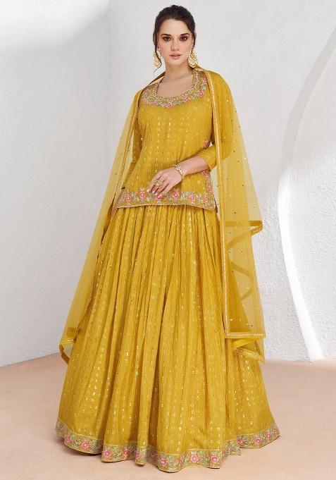 Mustard Embroidered Chinon Sharara Set