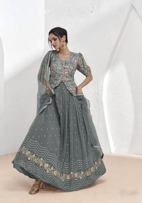 Grey Embroidered Georgette Anarkali Set