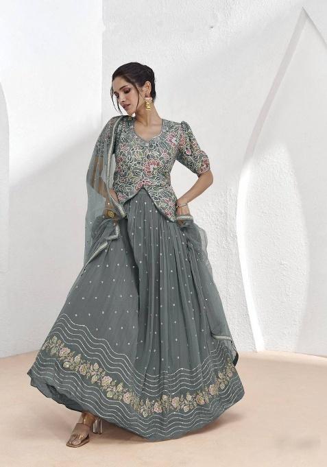 Grey Embroidered Georgette Anarkali Set