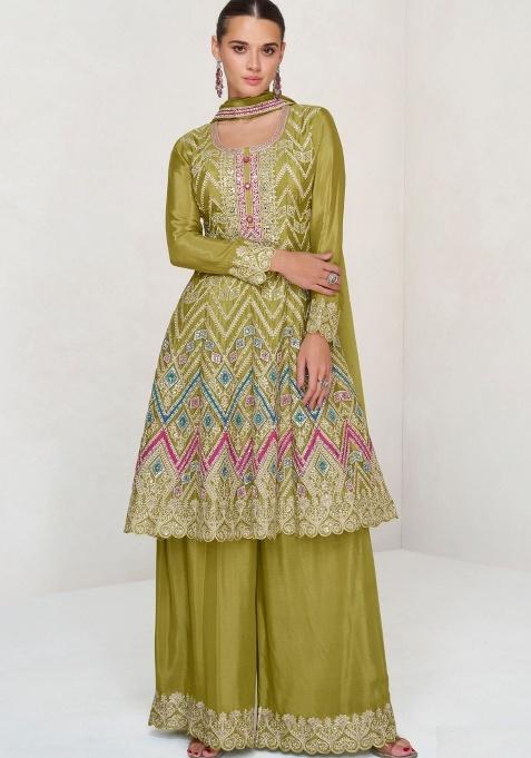 Mehendi Embroidered Chinon Sharara Set