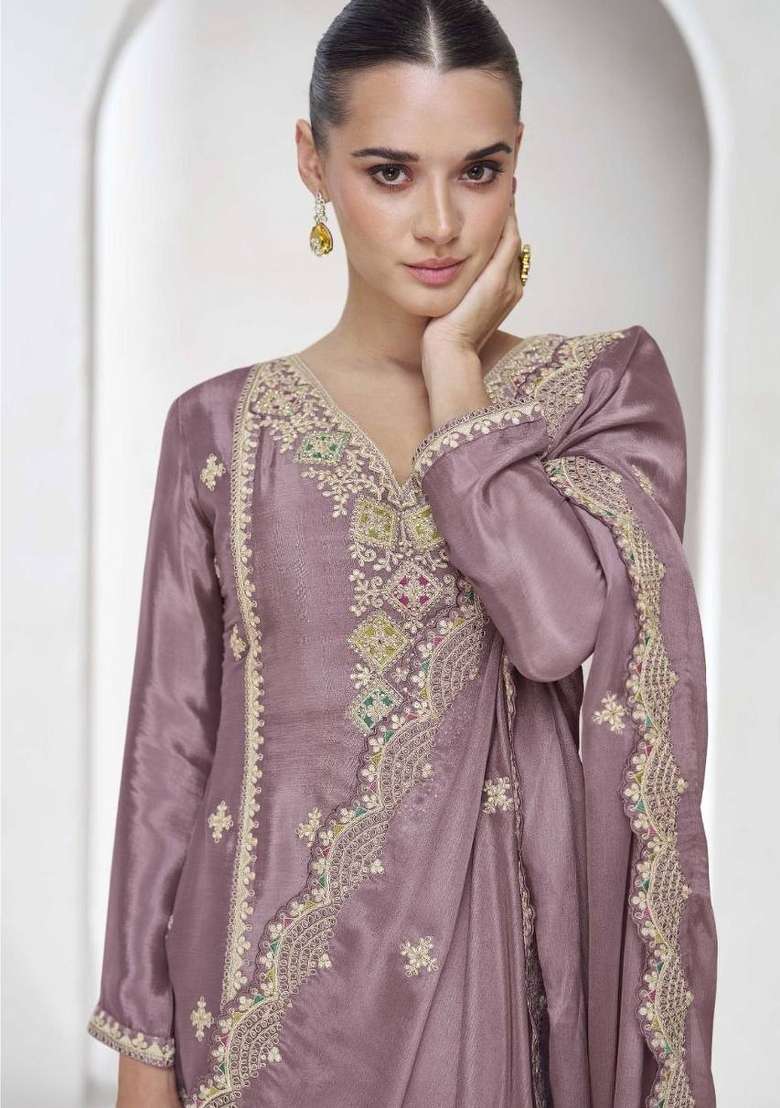 Dusty Pink Embroidered Chinon Sharara Set - Indya