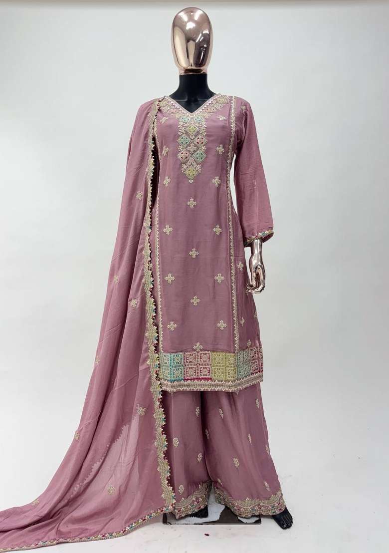 Dusty Pink Embroidered Chinon Sharara Set - Indya