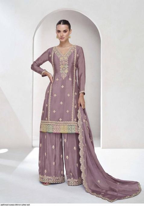 Dusty Pink Embroidered Chinon Sharara Set