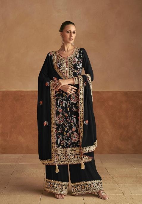 Black Embroidered Chinon Sharara Set