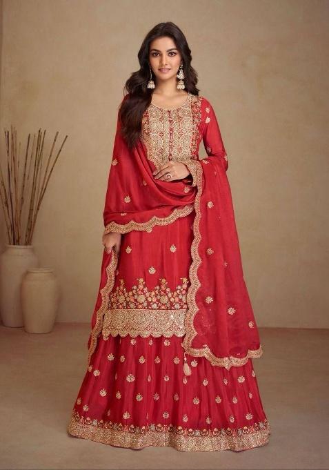 Red Embroidered Chinon Sharara Set