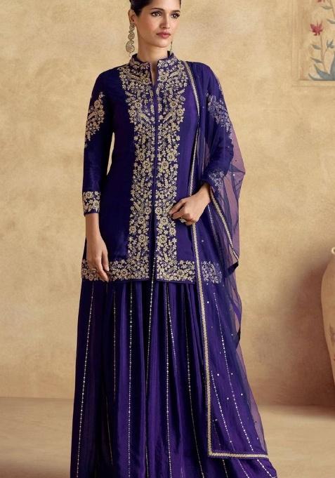 Blue Embroidered Chinon Sharara Set
