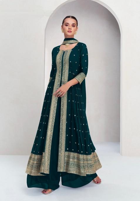 Teal Green Embroidered Georgette Sharara Set