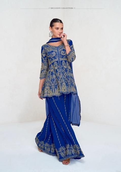 Blue Embroidered Georgette Sharara Set