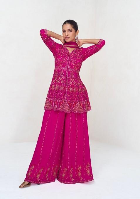 Pink Embroidered Georgette Sharara Set