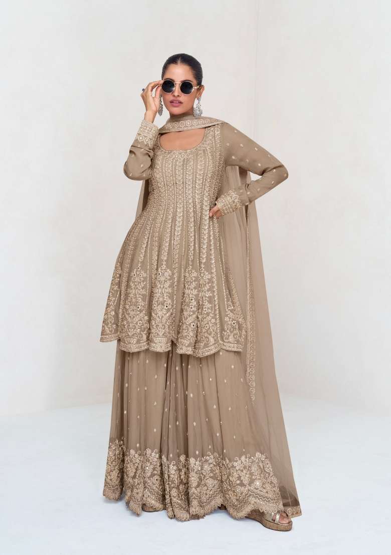 Beige Embroidered Georgette Sharara Set - Indya