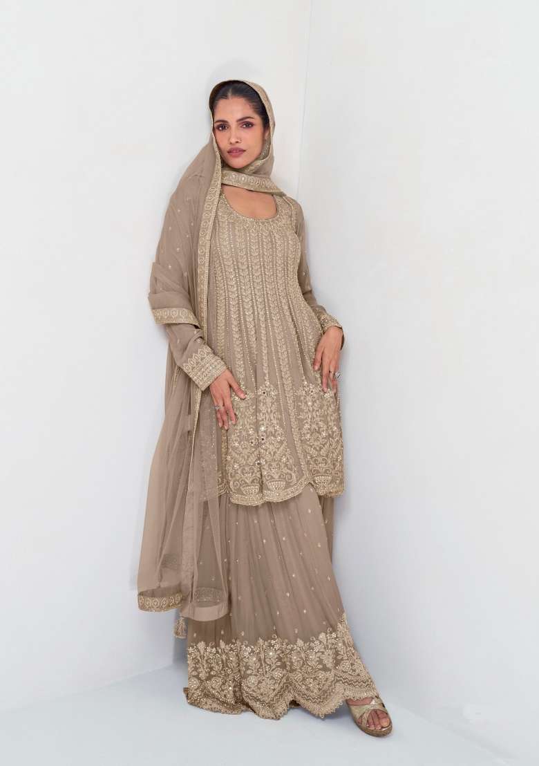 Beige Embroidered Georgette Sharara Set - Indya
