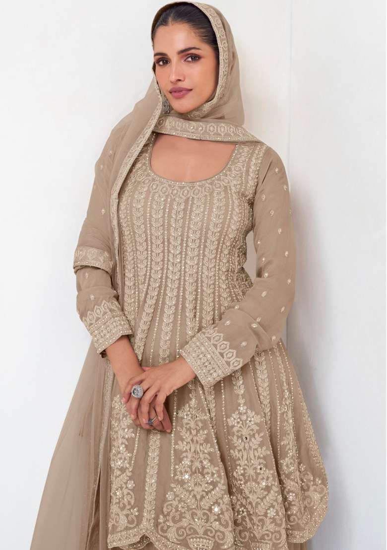 Beige Embroidered Georgette Sharara Set - Indya