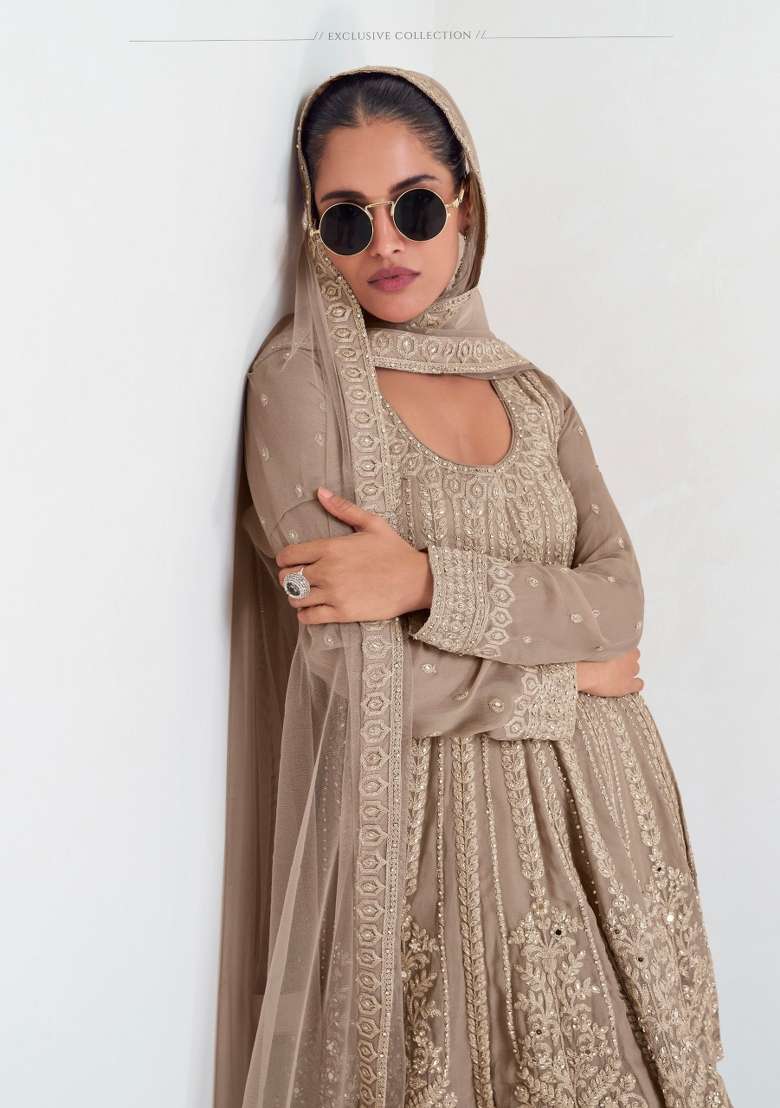 Beige Embroidered Georgette Sharara Set - Indya