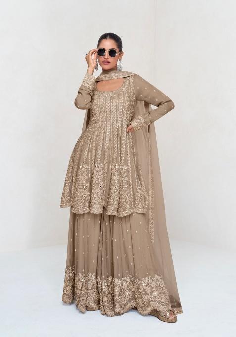 Beige Embroidered Georgette Sharara Set