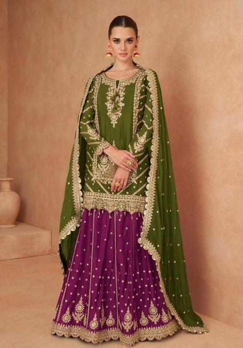 Mehendi Embroidered Chinon Sharara Set