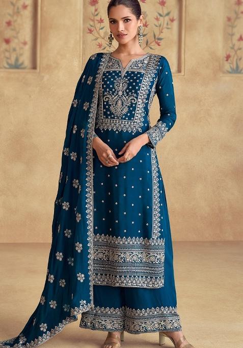 Teal Blue Embroidered Chinon Pakistani Suit Set