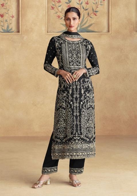 Black Embroidered Chinon Pakistani Suit Set