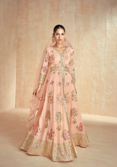 Peach Embroidered Chinon Anarkali Set