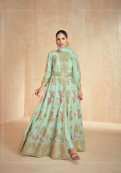 Pista Green Embroidered Chinon Anarkali Set