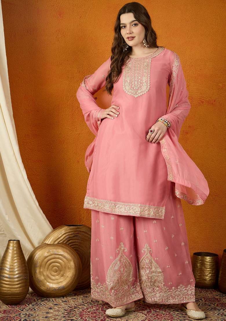 Baby Pink Embroidered Georgette Straight Kurta Set - Indya