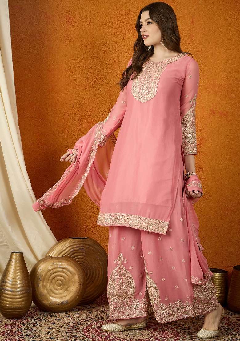 Baby Pink Embroidered Georgette Straight Kurta Set - Indya