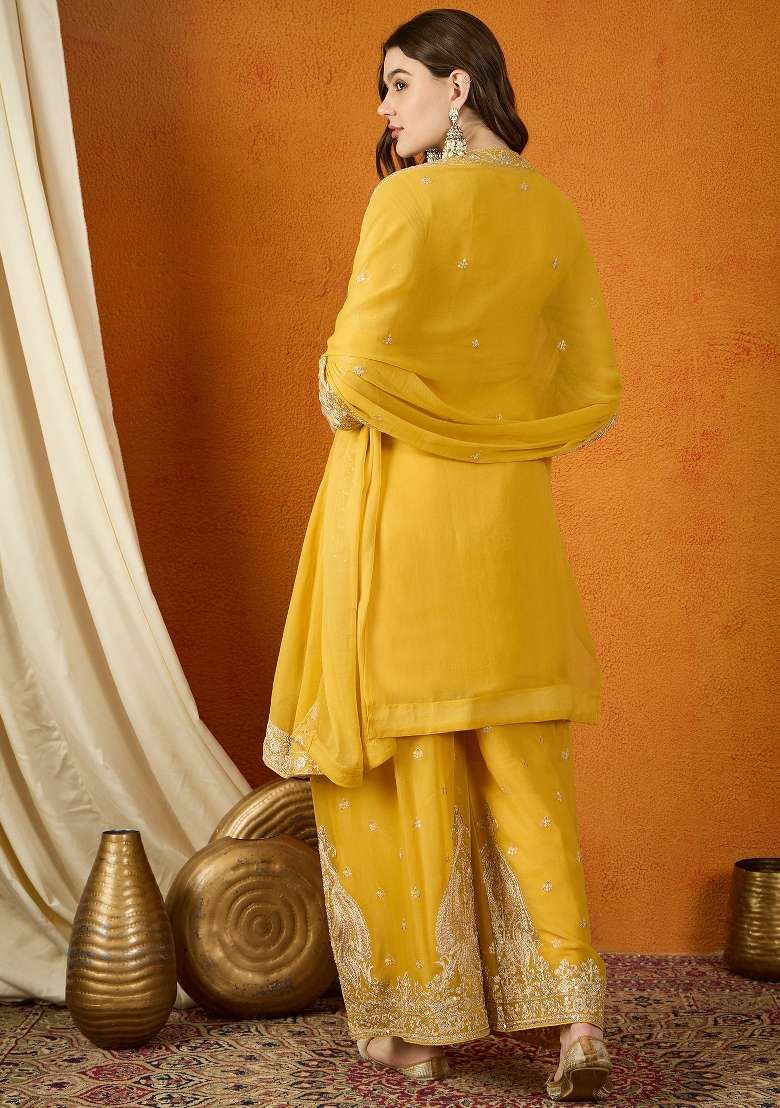 Yellow Embroidered Georgette Sharara Set - Indya