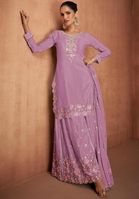 Lavender Embroidered Chinon Sharara Set