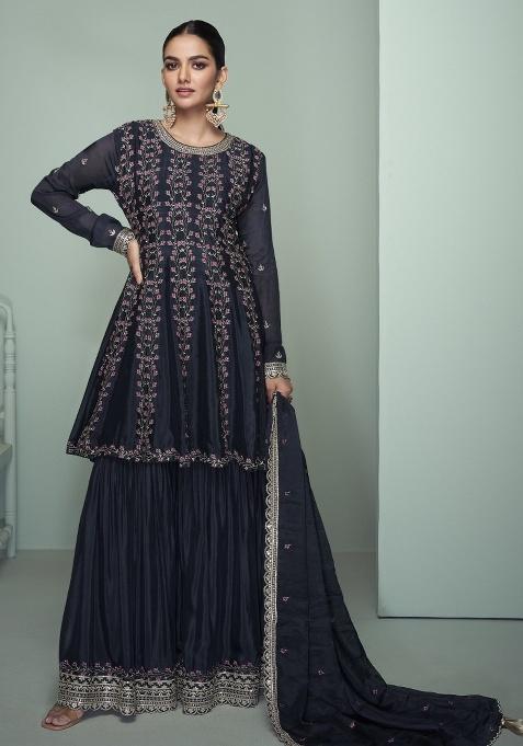Black Embroidered Chinon Sharara Set