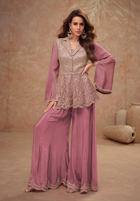 Mauve Embroidered Chinon Sharara Set