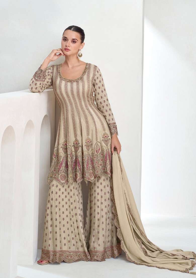Beige Embroidered Chinon Sharara Set - Indya