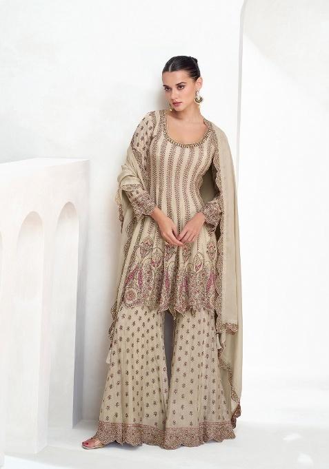 Beige Embroidered Chinon Sharara Set