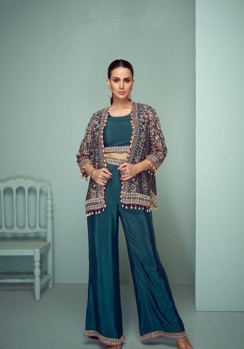 Teal Blue Printed Chinon Co Ord Set