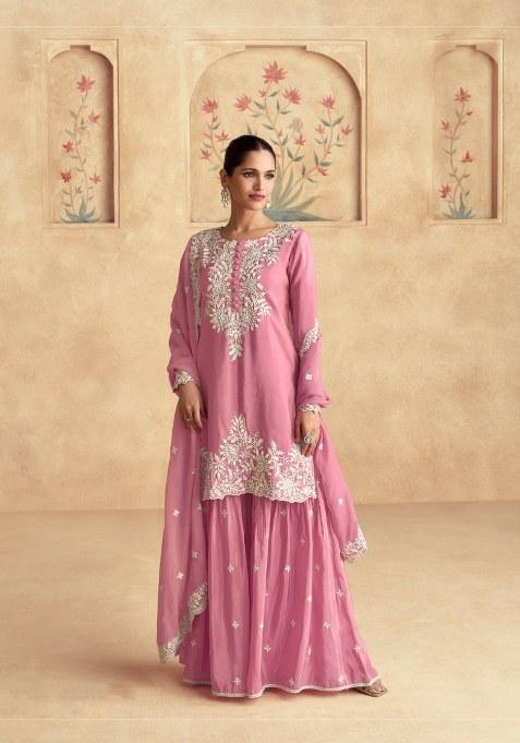 Baby Pink Embroidered Chinon Sharara Set