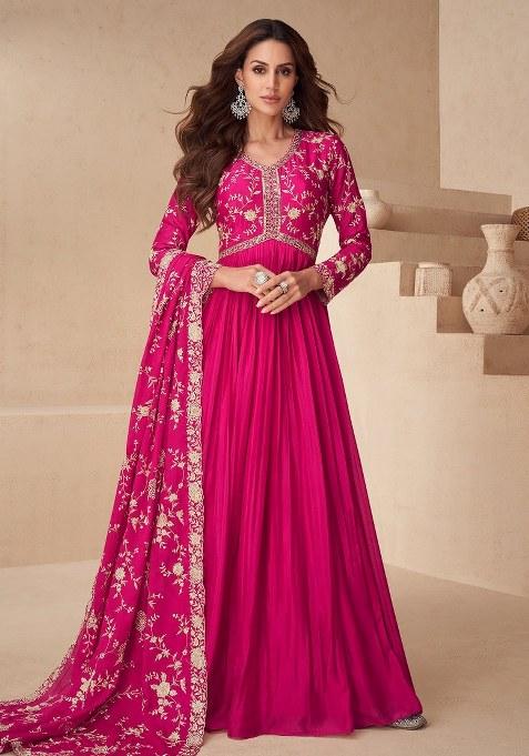Pink Embroidery Chinon Gown