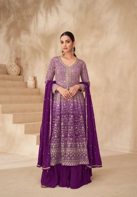 Purple Embroidered Chinon Sharara Set