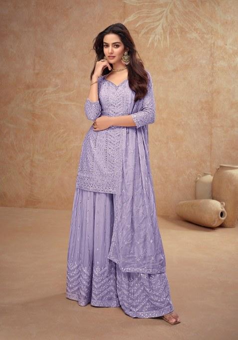 Blue Chikankari Chinon Sharara Set