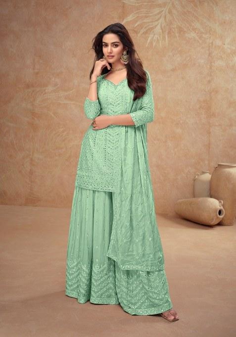 Dusty Green Chikankari Chinon Sharara Set