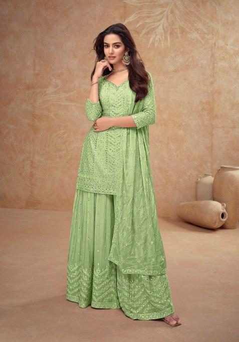 Pista Green Chikankari Chinon Sharara Set