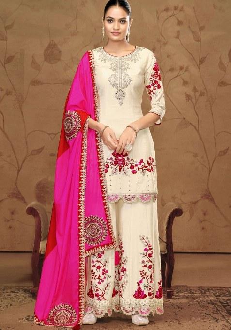 Off White Embroidered Chinon Sharara Set
